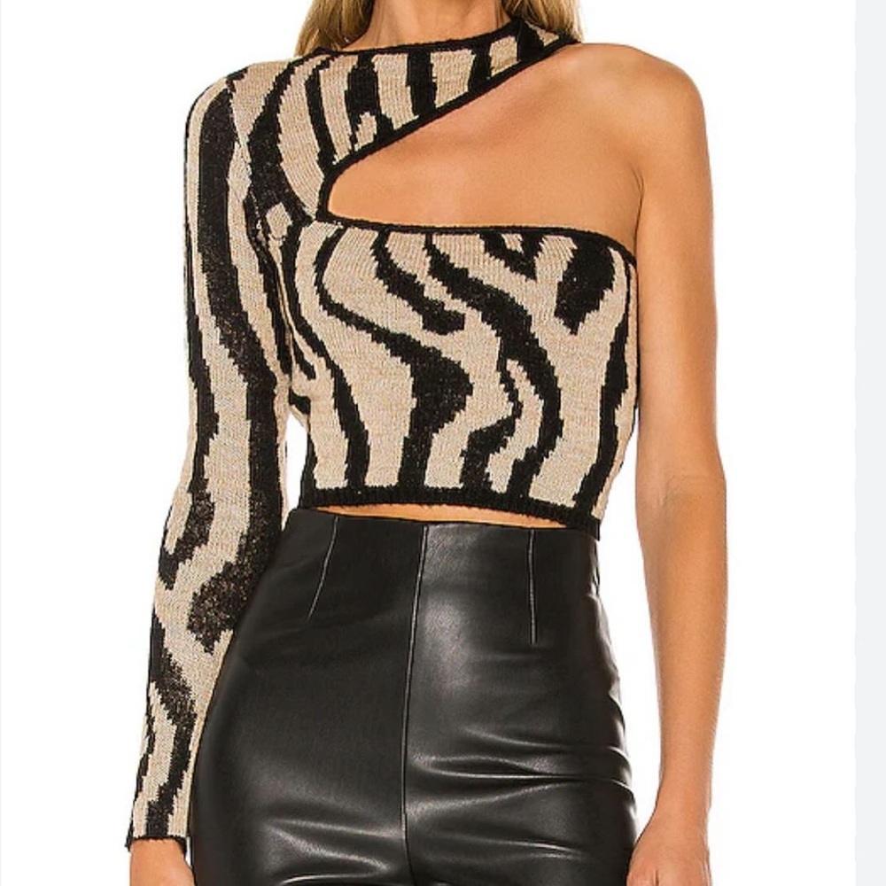 NBD Asymmetrical Zebra-Print One-Shoulder Crop Top - Black & Cream